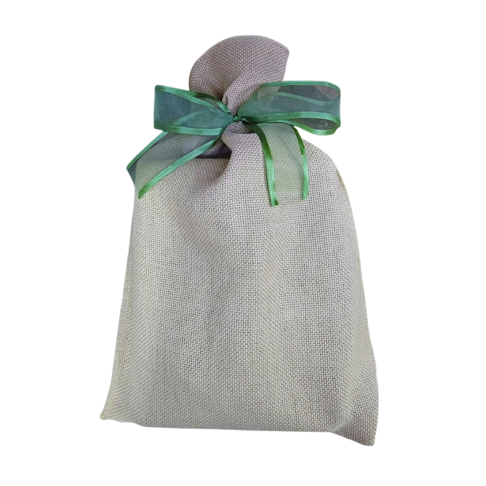 saco de juta natural 30 X 44 cm + laço verde